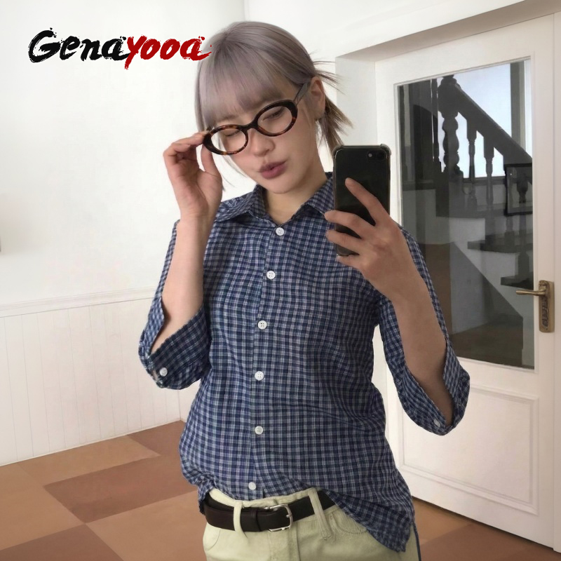 Street Fashion Korea - Genayooa Y2k Ekose Gömlek Kadın Üç