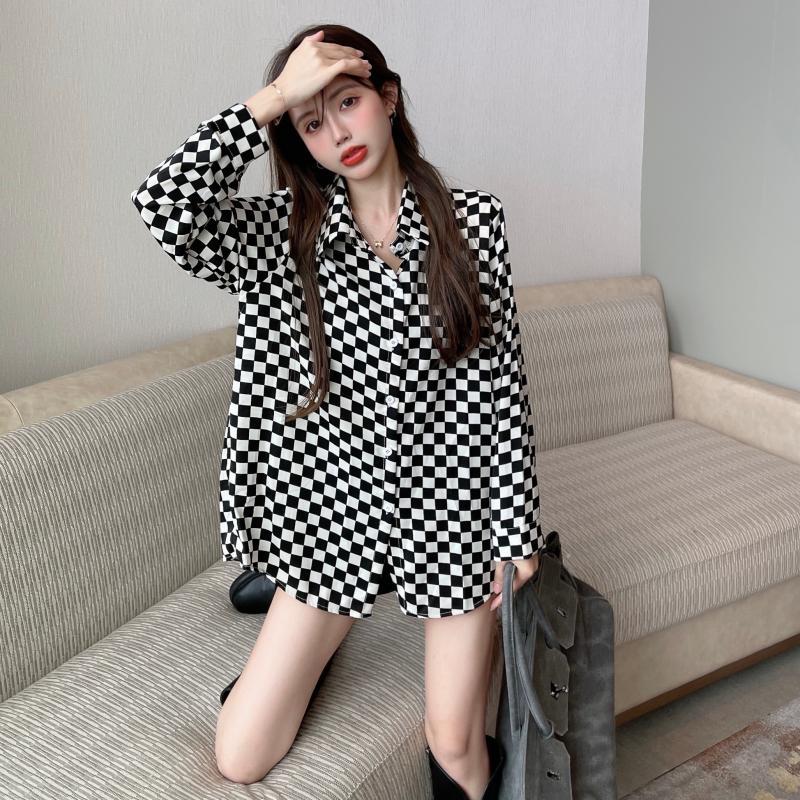 Polo Yaka Ekose Düğme Gevşek Y - Street Fashion Korea incelemesi ve fiyatı